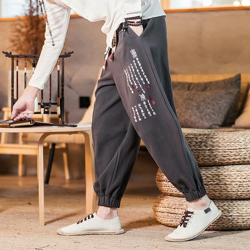 Pantaloni da uomo in cotone con tasche e motivo a caratteri cinesi ricamati con Buddha Stones - image 6