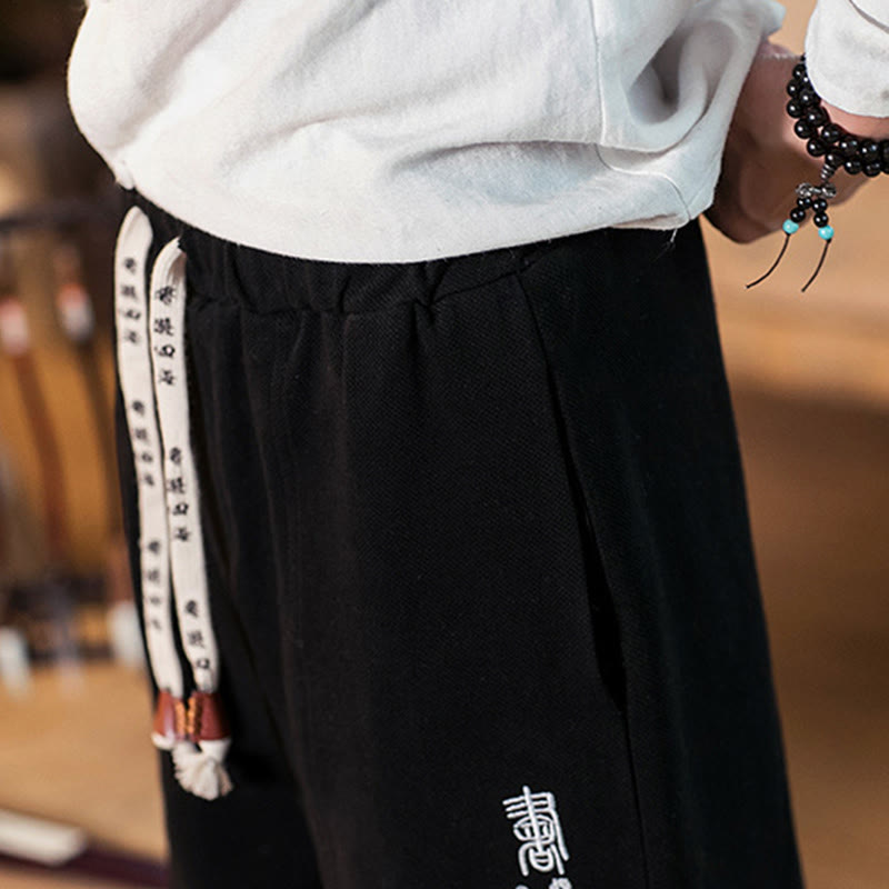 Pantaloni da uomo in cotone con tasche e motivo a caratteri cinesi ricamati con Buddha Stones - image 17