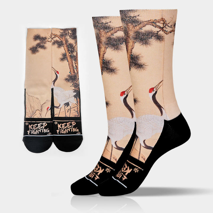 Calzini casual da uomo e da donna, unisex, motivo: Buddha Stones , gru bianca, pini e montagne - Biscotto - Taglia unica (US 5-10,5, EU 38-44, UK/AU 5-10,5,AISA 24,5-28 cm) - image 0