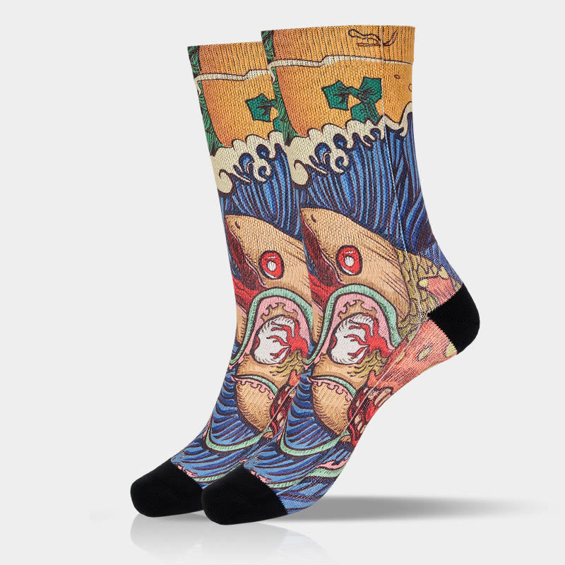 Calzini unisex da uomo e da donna, modello Buddha Stones, casual, con pesci vivaci e onde fluenti - image 11