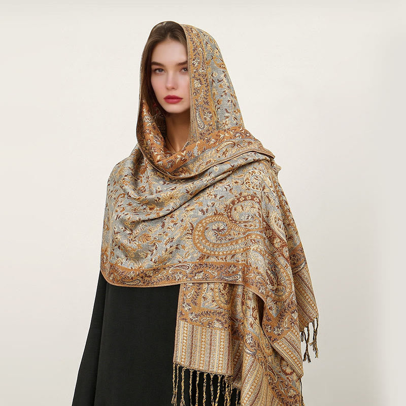 Sciarpa scialle con nappa e motivo paisley tibetano etnica quotidiana di Buddha Stones - Turchese pallido - 70*180cm - image 34