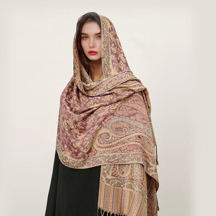 Sciarpa scialle con nappa e motivo paisley tibetano etnica quotidiana di Buddha Stones - Corallo chiaro - 70*180cm - image 32
