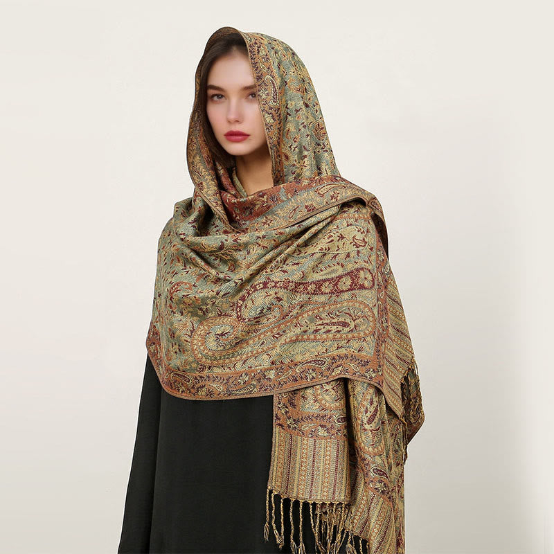 Sciarpa scialle con nappa e motivo paisley tibetano etnica quotidiana di Buddha Stones - DarkSeaGreen - 70*180cm - image 28