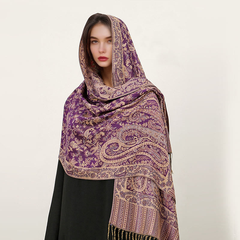 Sciarpa scialle con nappa e motivo paisley tibetano etnica quotidiana di Buddha Stones - Magenta scuro - 70*180cm - image 26