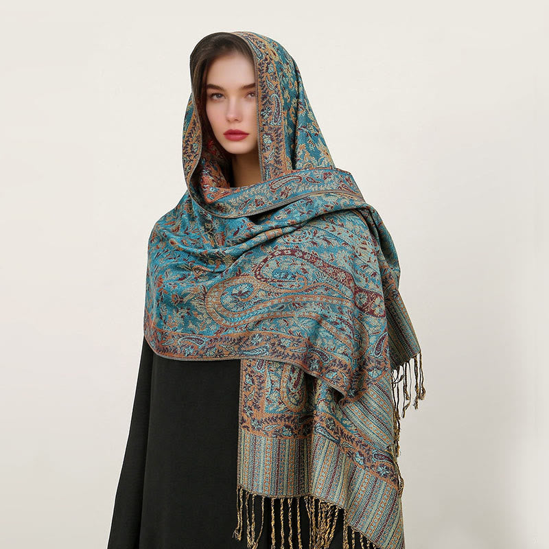 Sciarpa scialle con nappa e motivo paisley tibetano etnica quotidiana di Buddha Stones - VerdeMare Chiaro - 70*180cm - image 22