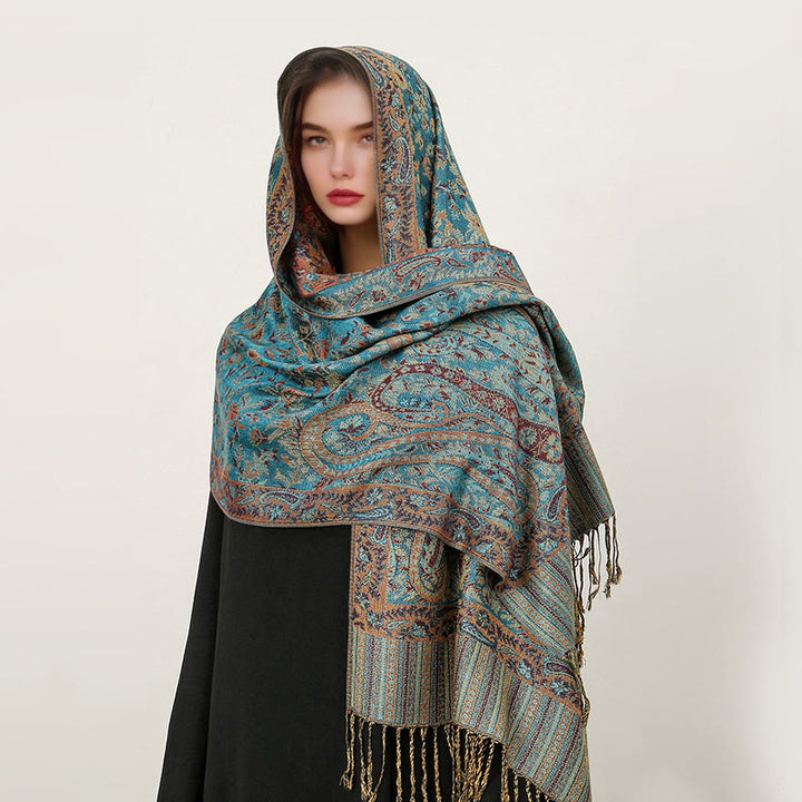 Sciarpa scialle con nappa e motivo paisley tibetano etnica quotidiana di Buddha Stones - VerdeMare Chiaro - 70*180cm - image 22