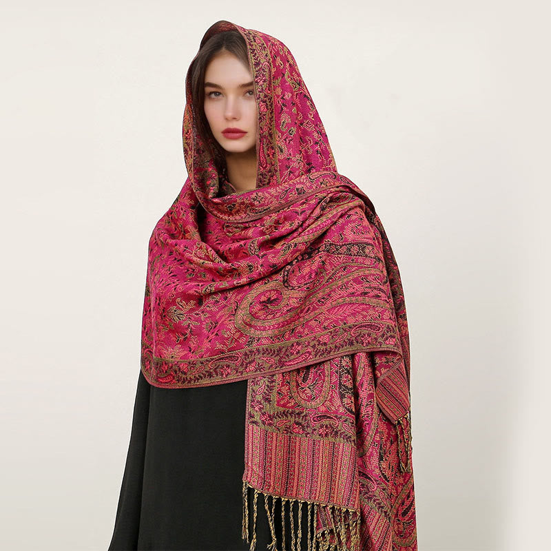 Sciarpa scialle con nappa e motivo paisley tibetano etnica quotidiana di Buddha Stones - Rosso viola medio - 70*180cm - image 6