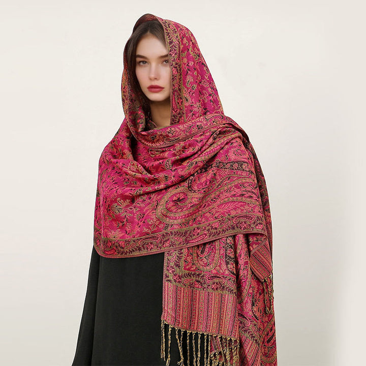 Sciarpa scialle con nappa e motivo paisley tibetano etnica quotidiana di Buddha Stones - Rosso viola medio - 70*180cm - image 6