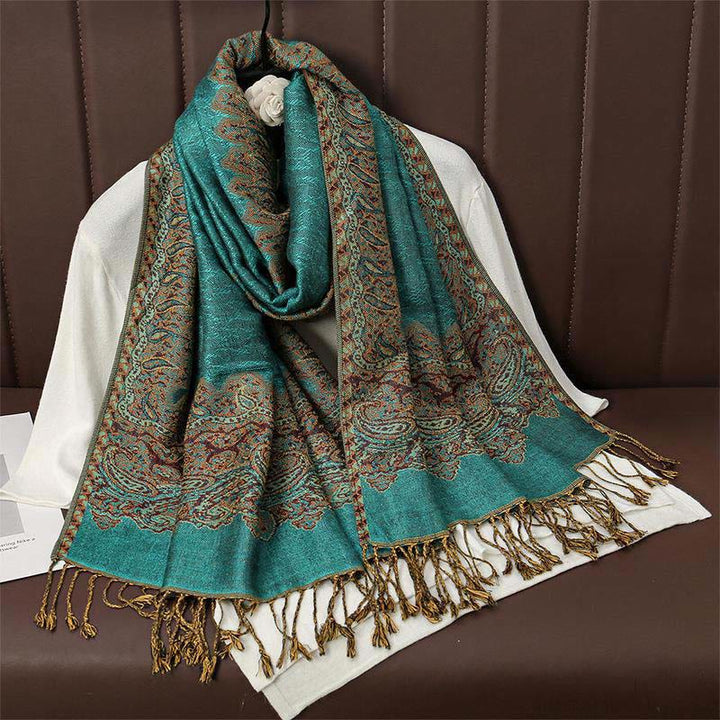 Sciarpa scialle con nappa e stampa paisley in jacquard etnico tibetano invernale con Buddha Stones - VerdeMare Chiaro - 70*190cm - image 8