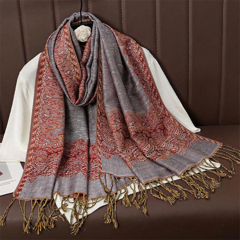 Sciarpa scialle con nappa e stampa paisley in jacquard etnico tibetano invernale con Buddha Stones - RosyBrown - 70*190cm - image 11