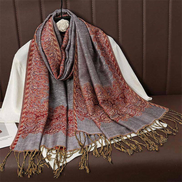 Sciarpa scialle con nappa e stampa paisley in jacquard etnico tibetano invernale con Buddha Stones - RosyBrown - 70*190cm - image 11