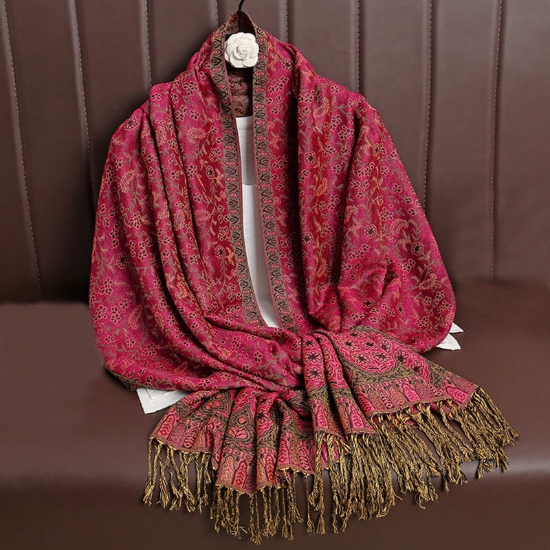 Sciarpa scialle con nappa e motivo floreale in jacquard paisley tibetano Buddha Stones - Rosa intenso - image 5