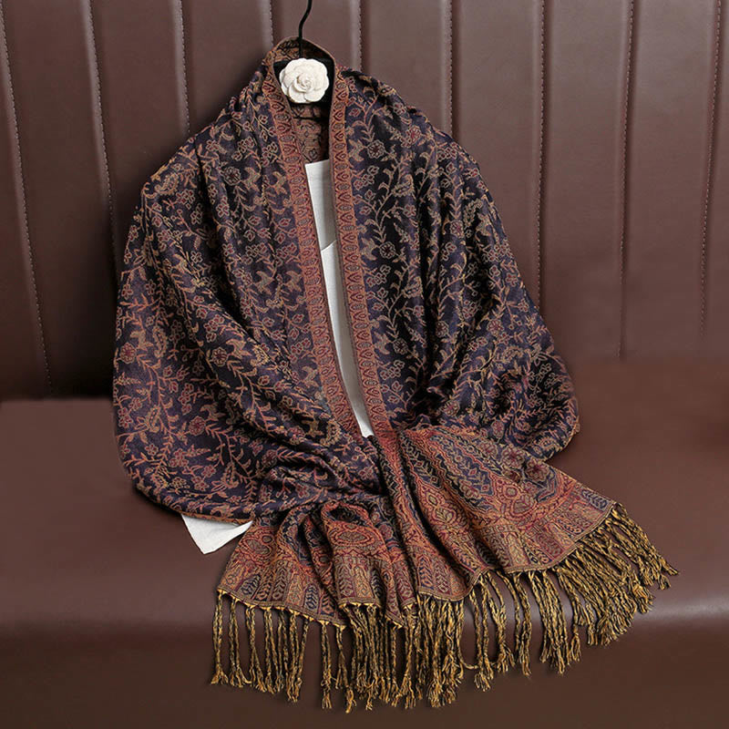 Sciarpa scialle con nappa e motivo floreale in jacquard paisley tibetano Buddha Stones - Indaco - image 27