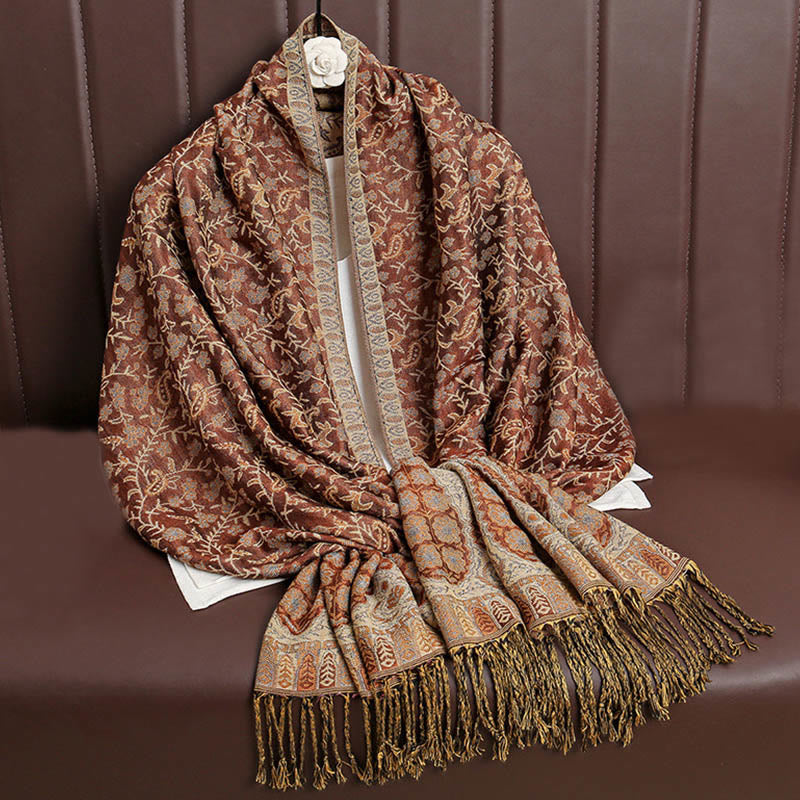 Sciarpa scialle con nappa e motivo floreale in jacquard paisley tibetano Buddha Stones - Cioccolato - image 18