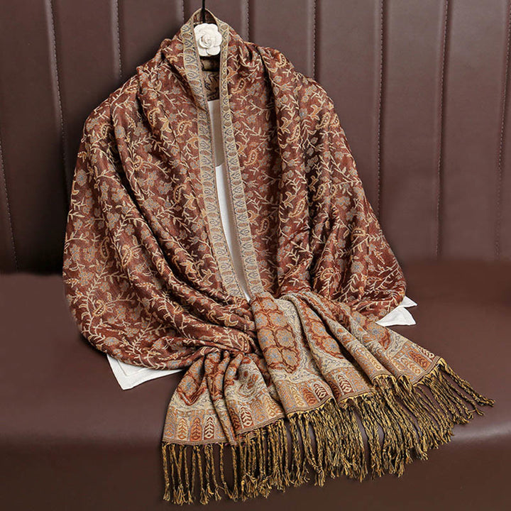 Sciarpa scialle con nappa e motivo floreale in jacquard paisley tibetano Buddha Stones - Cioccolato - image 18