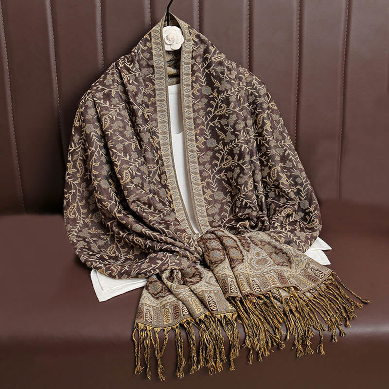 Sciarpa scialle con nappa e motivo floreale in jacquard paisley tibetano Buddha Stones - Marrone sella - image 13