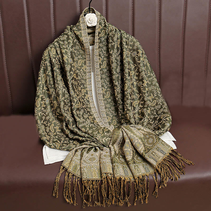 Sciarpa scialle con nappa e motivo floreale in jacquard paisley tibetano Buddha Stones - Verde oliva - image 17