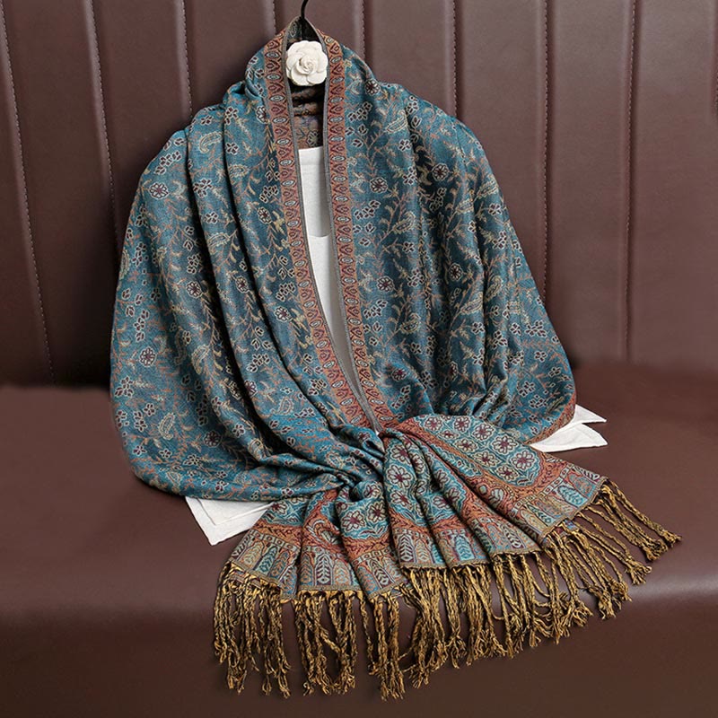 Sciarpa scialle con nappa e motivo floreale in jacquard paisley tibetano Buddha Stones - Verde acqua - image 20