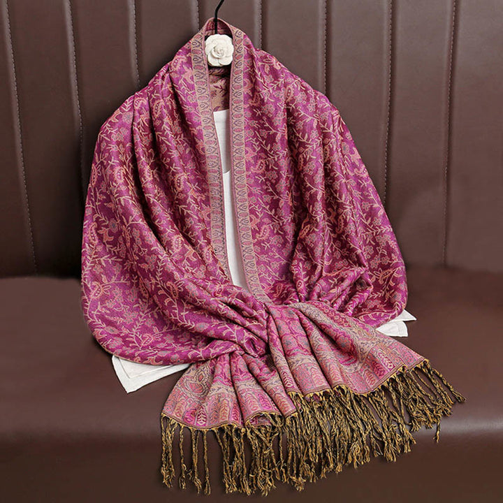 Sciarpa scialle con nappa e motivo floreale in jacquard paisley tibetano Buddha Stones - Rosso viola medio - image 15