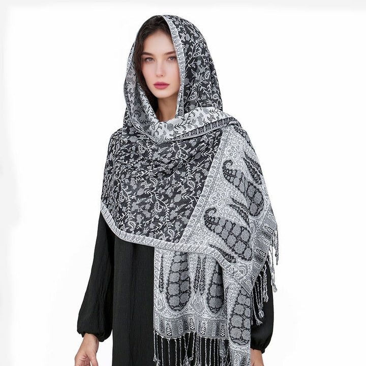 Sciarpa scialle con nappa e motivo floreale in jacquard paisley tibetano Buddha Stones - image 36