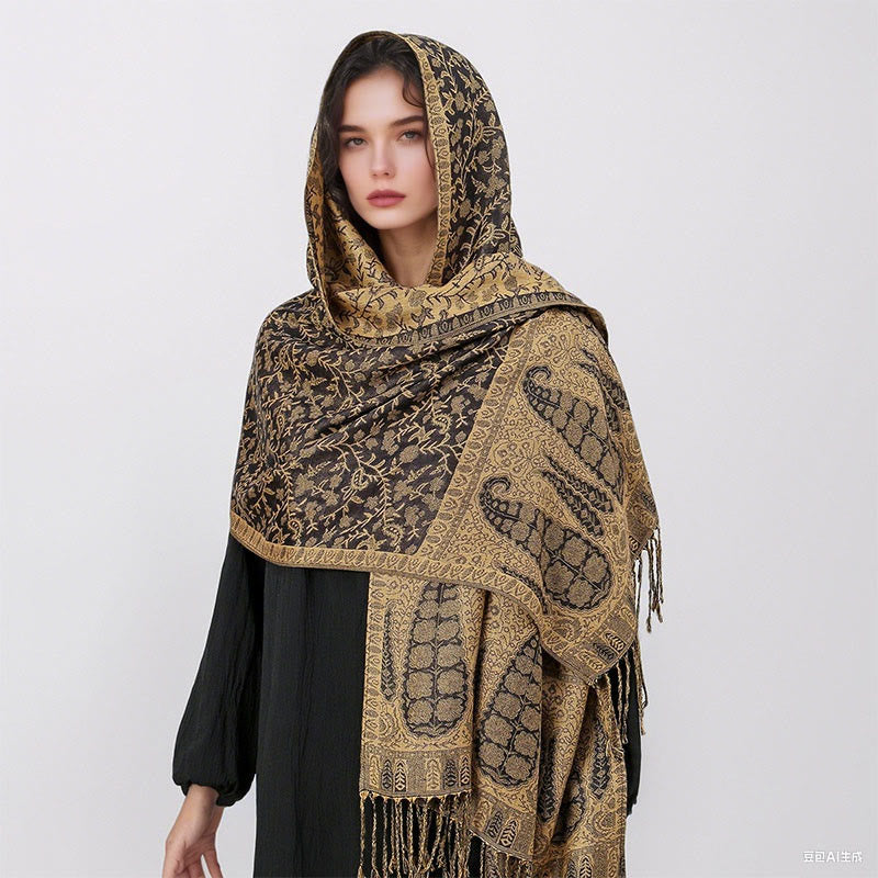 Sciarpa scialle con nappa e motivo floreale in jacquard paisley tibetano Buddha Stones - image 40