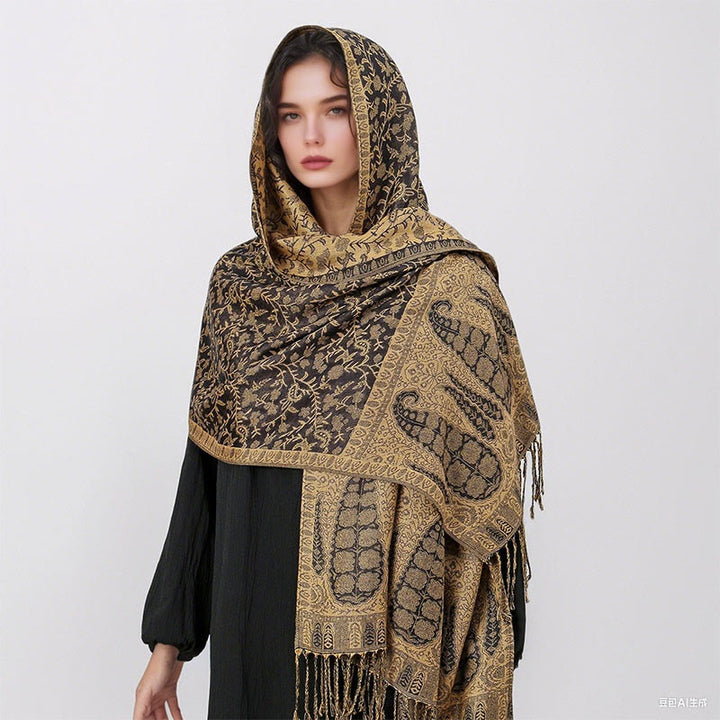 Sciarpa scialle con nappa e motivo floreale in jacquard paisley tibetano Buddha Stones - image 40