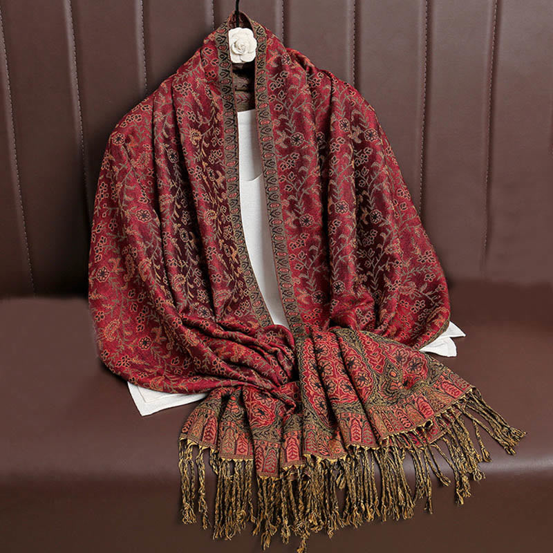Sciarpa scialle con nappa e motivo floreale in jacquard paisley tibetano Buddha Stones - Rosso scuro - image 3