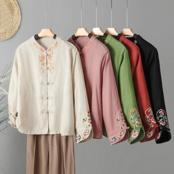 Camicia casual da donna in cotone con collo alto e maniche lunghe ricamate con Buddha Stones - image 0