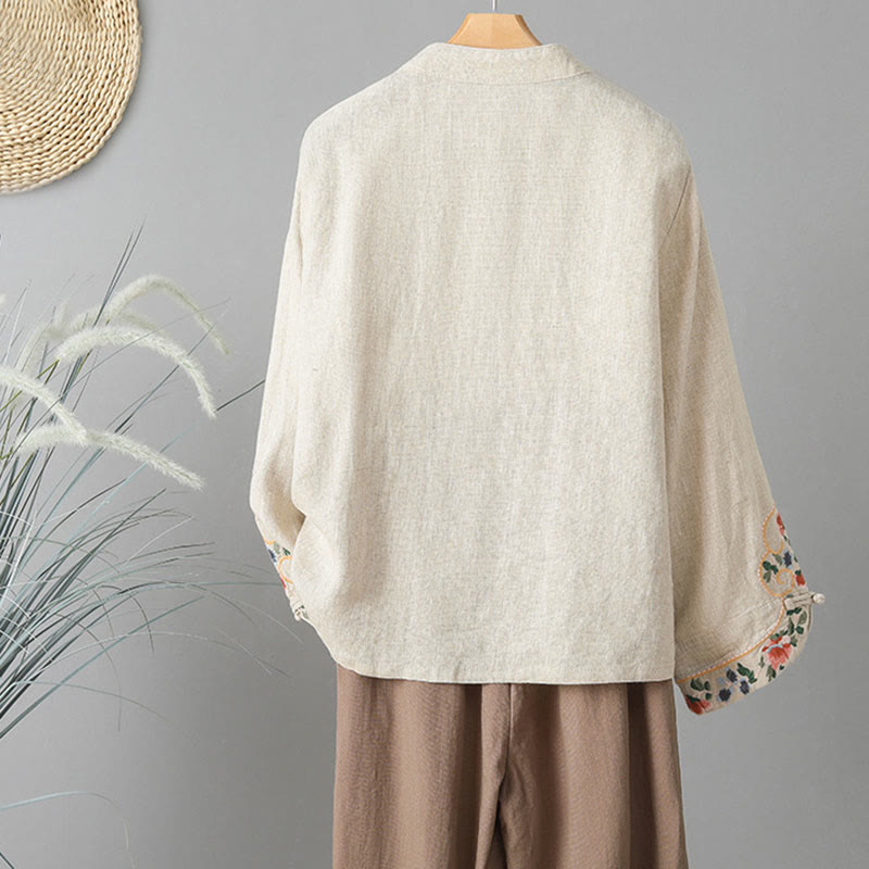 Camicia casual da donna in cotone con collo alto e maniche lunghe ricamate con Buddha Stones - image 2