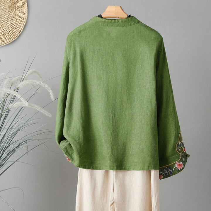 Camicia casual da donna in cotone con collo alto e maniche lunghe ricamate con Buddha Stones - image 14