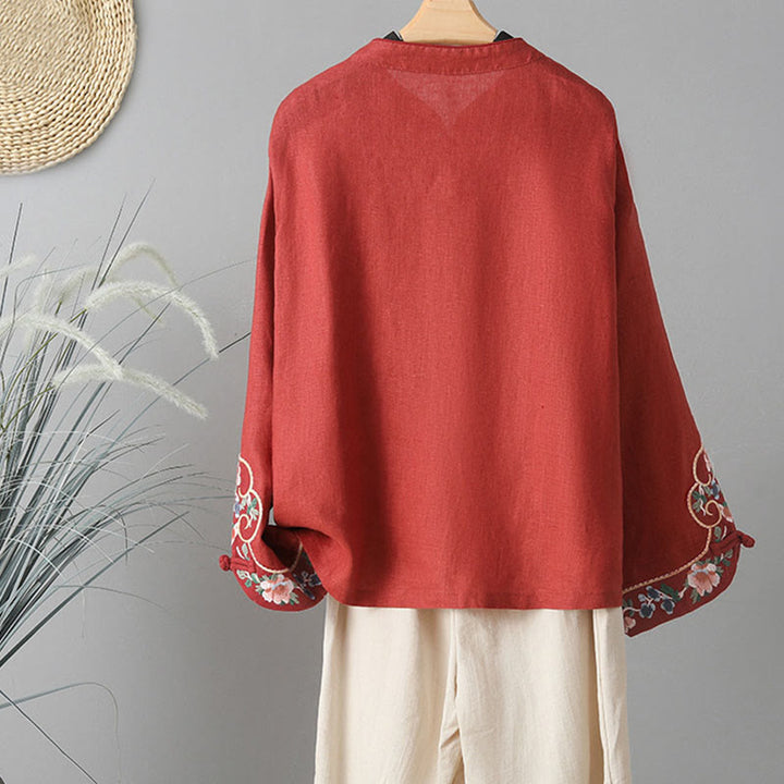 Camicia casual da donna in cotone con collo alto e maniche lunghe ricamate con Buddha Stones - image 17