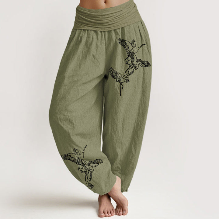 Pantaloni harem in cotone con elastico in vita e motivo a gru volante Buddha Stones - Verde oliva - US22, UK/AU26, EU54 (6XL) - image 14