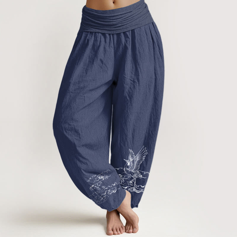 Pantaloni harem in cotone con elastico in vita, motivo Buddha Stones Crane e acqua che scorre, da donna - DarkSlateBlue - US22, UK/AU26, EU54 (6XL) - image 0