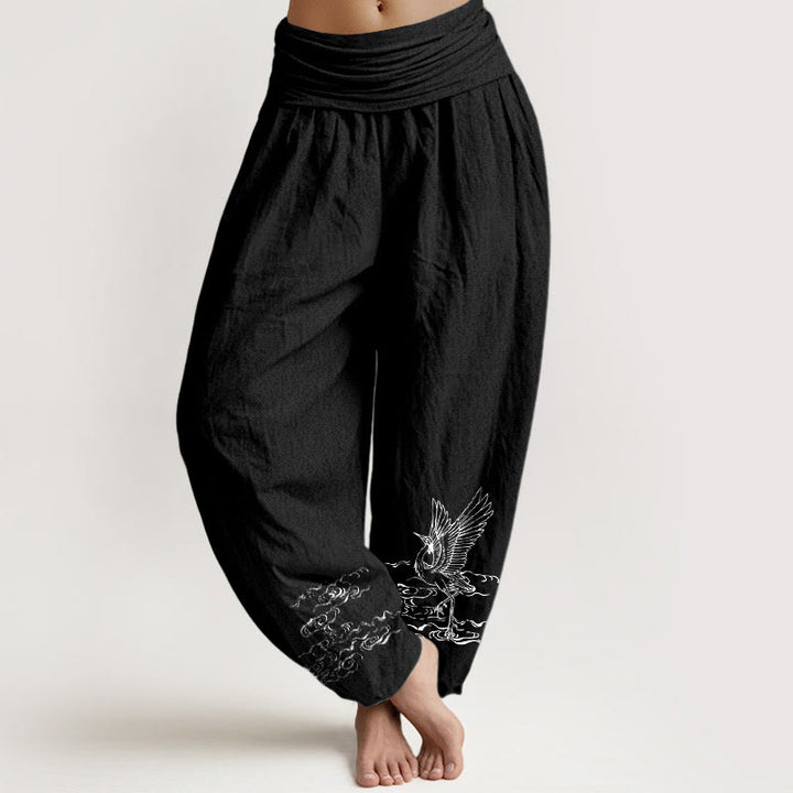 Pantaloni harem in cotone con elastico in vita, motivo Buddha Stones Crane e acqua che scorre, da donna - Nero - US22, UK/AU26, EU54 (6XL) - image 5