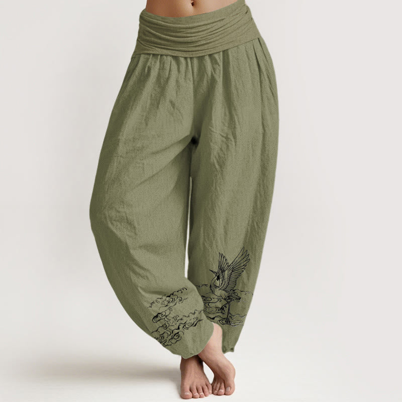 Pantaloni harem in cotone con elastico in vita, motivo Buddha Stones Crane e acqua che scorre, da donna - Verde oliva - US22, UK/AU26, EU54 (6XL) - image 14