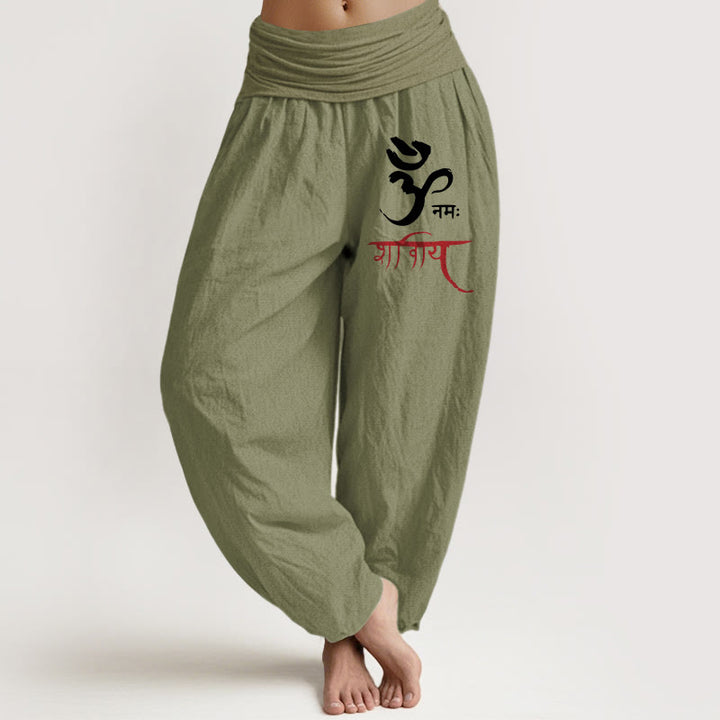 Pantaloni harem in cotone con elastico in vita e motivo incantesimi Om con Buddha Stones da donna - Verde oliva - US22, UK/AU26, EU54 (6XL) - image 0