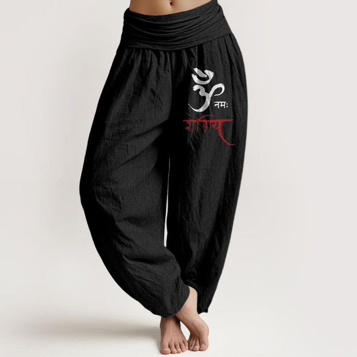 Pantaloni harem in cotone con elastico in vita e motivo incantesimi Om con Buddha Stones da donna - Nero - US22, UK/AU26, EU54 (6XL) - image 5
