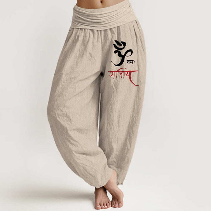 Pantaloni harem in cotone con elastico in vita e motivo incantesimi Om con Buddha Stones da donna - Abbronzatura - US22, UK/AU26, EU54 (6XL) - image 14