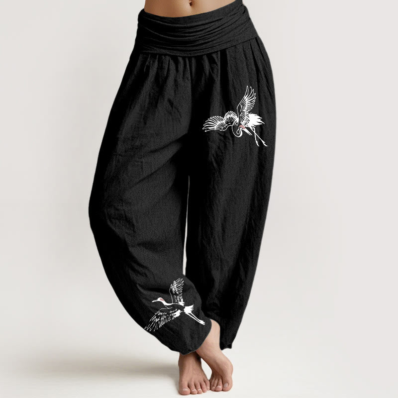 Pantaloni harem in cotone con elastico in vita da donna, motivo con gru coronate rosse volanti Buddha Stones - Nero - US22, UK/AU26, EU54 (6XL) - image 0