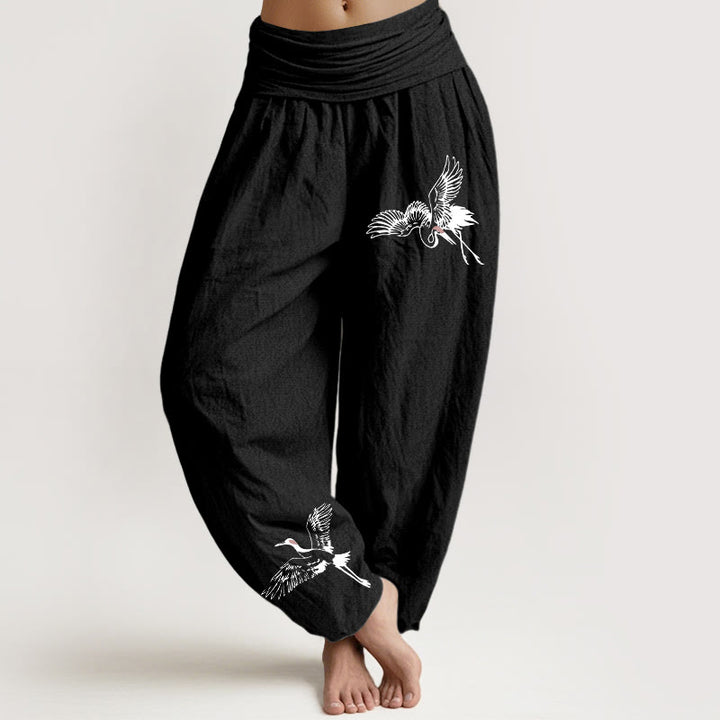 Pantaloni harem in cotone con elastico in vita da donna, motivo con gru coronate rosse volanti Buddha Stones - Nero - US22, UK/AU26, EU54 (6XL) - image 0