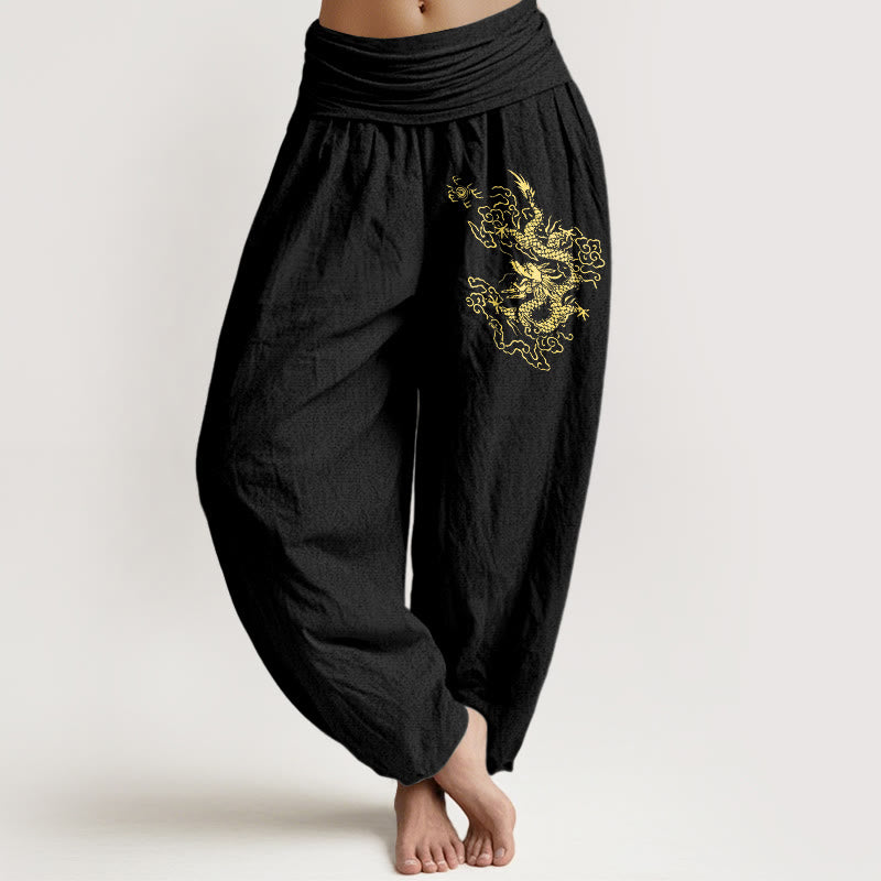 Pantaloni harem in cotone con elastico in vita e stampa di drago dorato con Buddha Stones da donna - Nero - US22, UK/AU26, EU54 (6XL) - image 0