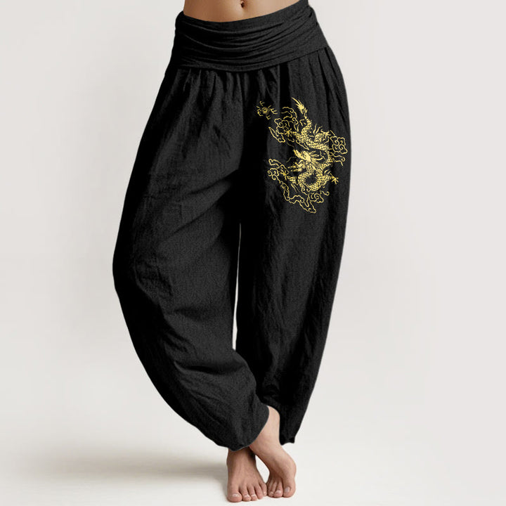 Pantaloni harem in cotone con elastico in vita e stampa di drago dorato con Buddha Stones da donna - Nero - US22, UK/AU26, EU54 (6XL) - image 0