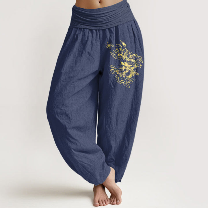 Pantaloni harem in cotone con elastico in vita e stampa di drago dorato con Buddha Stones da donna - DarkSlateBlue - US22, UK/AU26, EU54 (6XL) - image 5