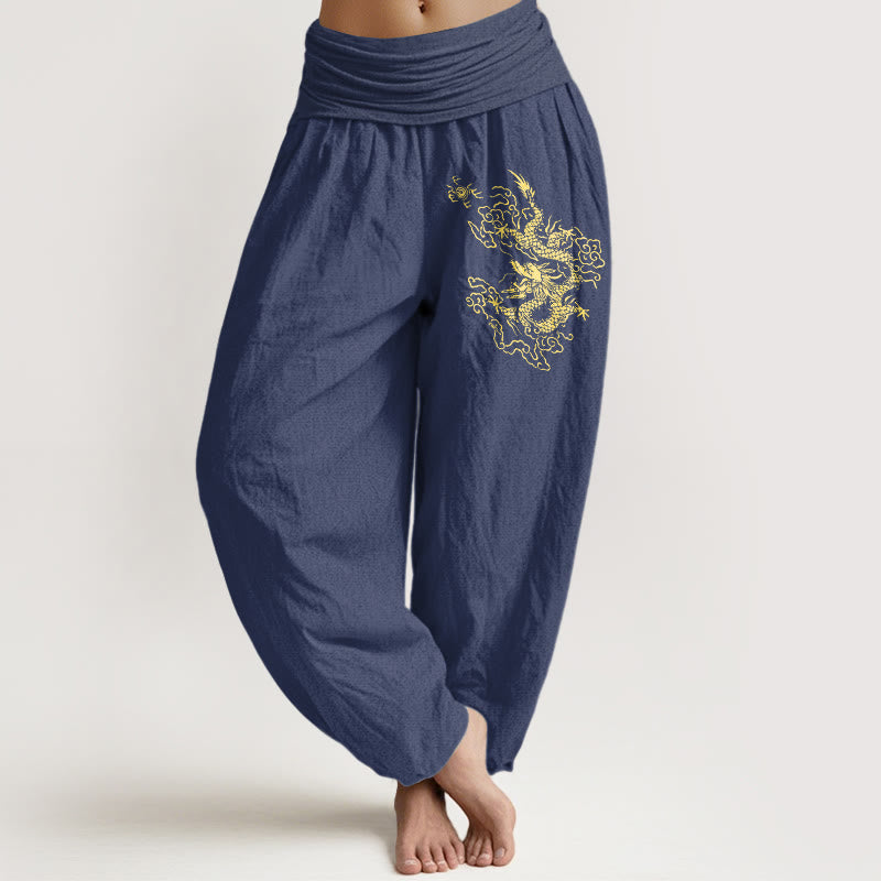 Pantaloni harem in cotone con elastico in vita e stampa di drago dorato con Buddha Stones da donna - DarkSlateBlue - US22, UK/AU26, EU54 (6XL) - image 5