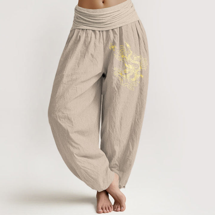 Pantaloni harem in cotone con elastico in vita e stampa di drago dorato con Buddha Stones da donna - Abbronzatura - US22, UK/AU26, EU54 (6XL) - image 11