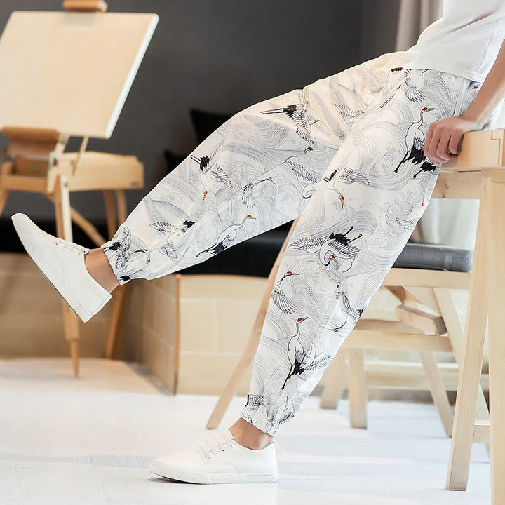 Pantaloni harem da uomo con tasche, motivo: Buddha Stones Crane e nuvole di buon auspicio - image 15