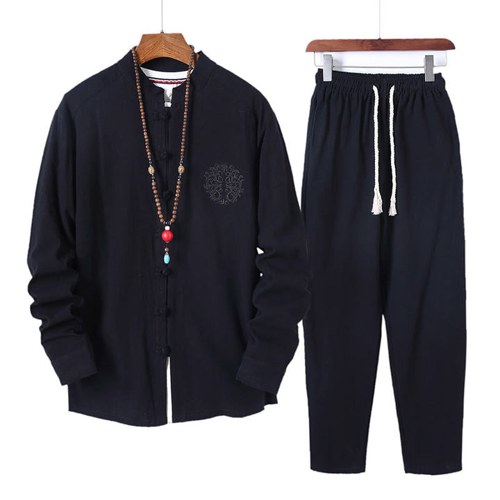 Set di 2 pezzi da uomo in tinta unita con bottoni a rana, camicia a maniche lunghe in cotone e pantaloni con tasche, Buddha Stones - Nero - US/UK/AU46, EU56 (5XL) - image 0