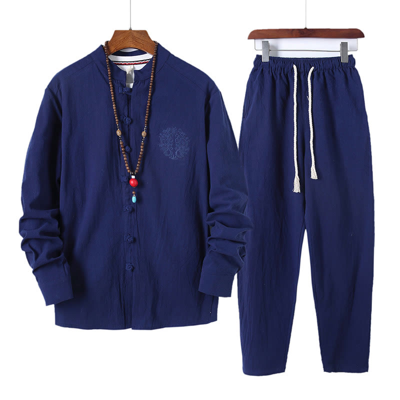 Set di 2 pezzi da uomo in tinta unita con bottoni a rana, camicia a maniche lunghe in cotone e pantaloni con tasche, Buddha Stones - Blu Reale - US/UK/AU46, EU56 (5XL) - image 19