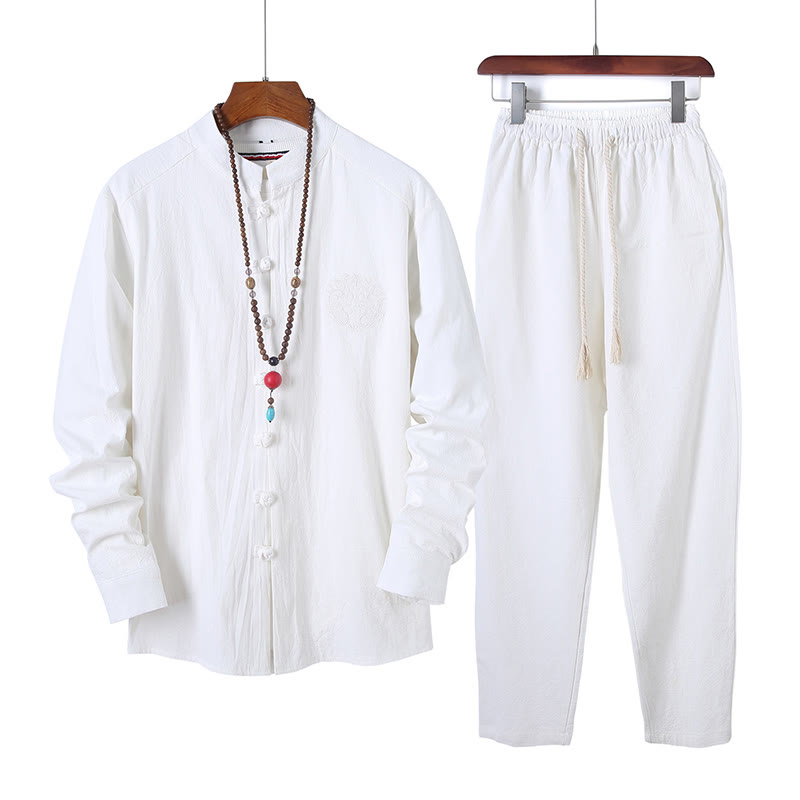 Set di 2 pezzi da uomo in tinta unita con bottoni a rana, camicia a maniche lunghe in cotone e pantaloni con tasche, Buddha Stones - Bianco - US/UK/AU46, EU56 (5XL) - image 9