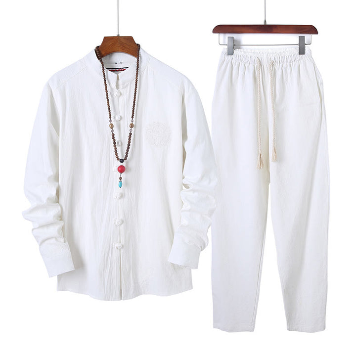 Set di 2 pezzi da uomo in tinta unita con bottoni a rana, camicia a maniche lunghe in cotone e pantaloni con tasche, Buddha Stones - Bianco - US/UK/AU46, EU56 (5XL) - image 9
